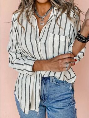 Lightweight Linen-Feel Striped Button-Up Shirt - White with Black Stripes